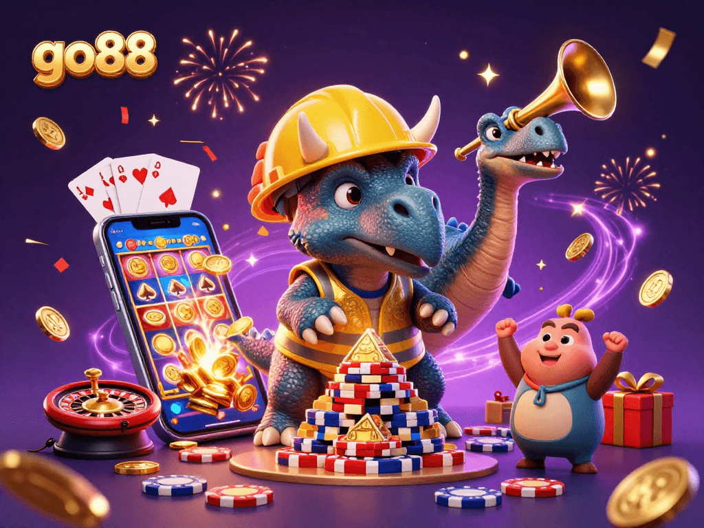 Experience the excitement of go88 as the triceratops constructs a poker chip pyramid amid vibrant casino elements.
