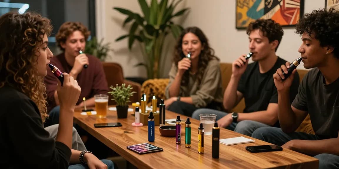 Friends sharing thc vapes in a cozy cannabis lounge, showcasing vibrant vape pens and a welcoming atmosphere.