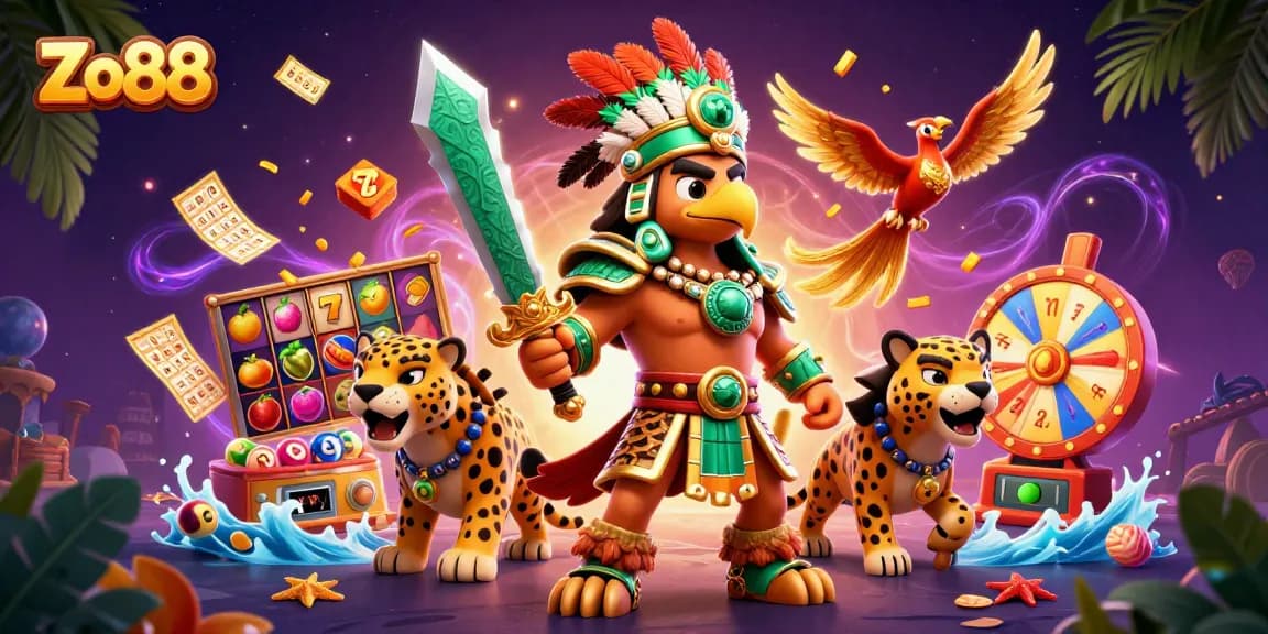 Experience exhilarating casino fun with Zo88's vibrant 3D gaming illustration featuring dynamic slot reels.