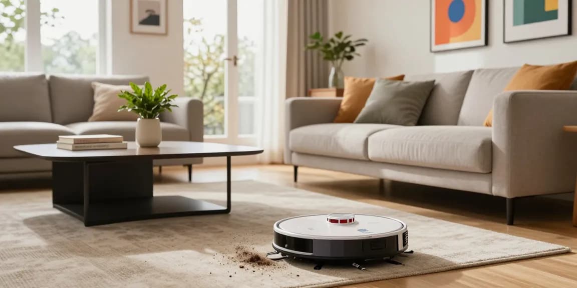 Robot vacuum 2026 efficiently cleaning a stylish living room with modern decor.
