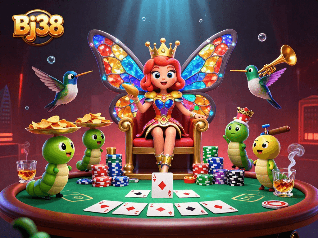 Engage with the vibrant, casino-themed scene of Bj38 featuring a butterfly queen and poker elements.
