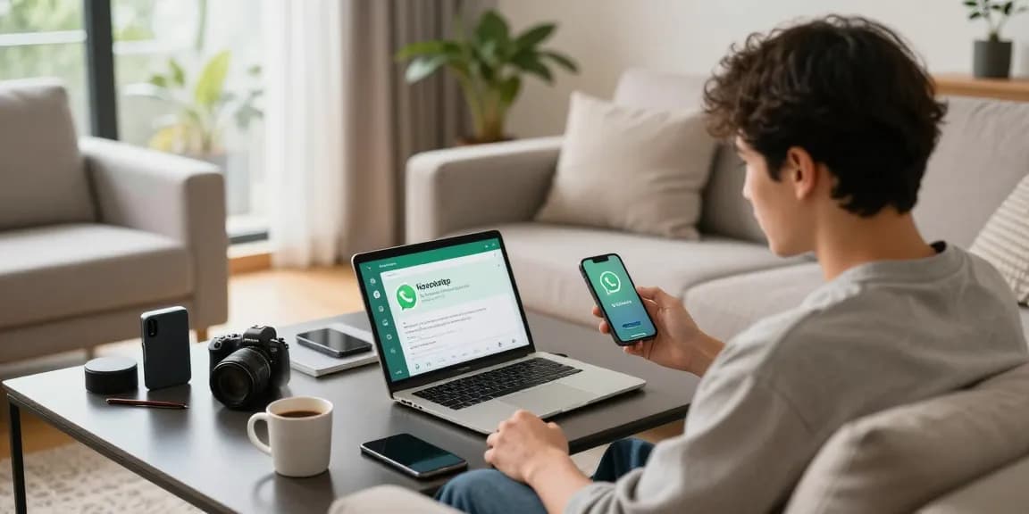 WhatsApp下載 on multiple devices, showcasing a young adult downloading the app in a cozy living room.