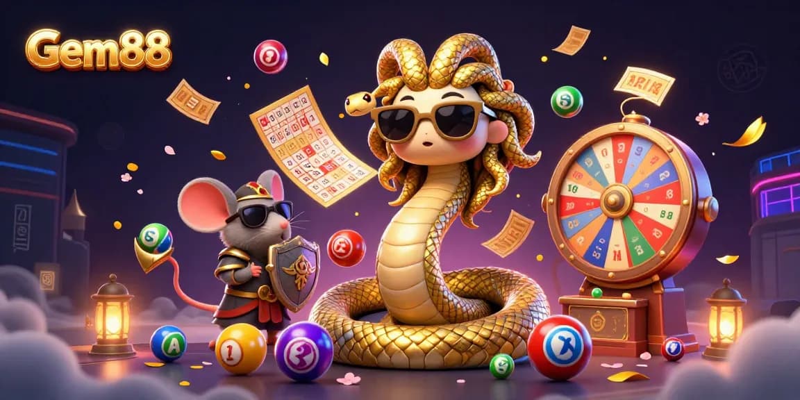 Gem88 offers exciting lottery and casino experiences with vibrant elements and dynamic characters.