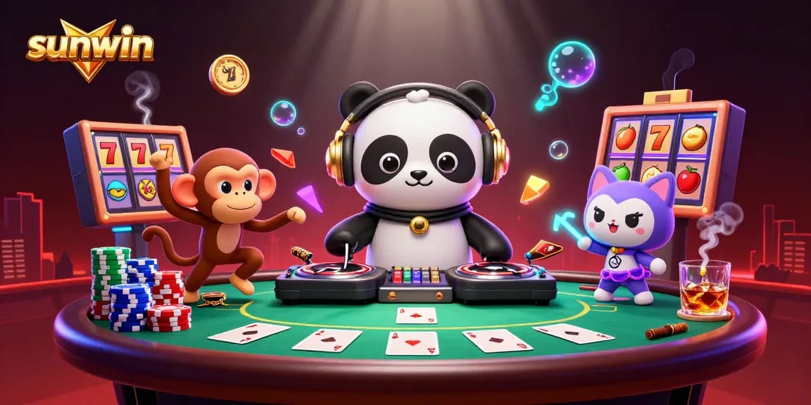 Engage with the sunwin casino scene featuring a DJ panda and vibrant characters amidst poker and slot elements.