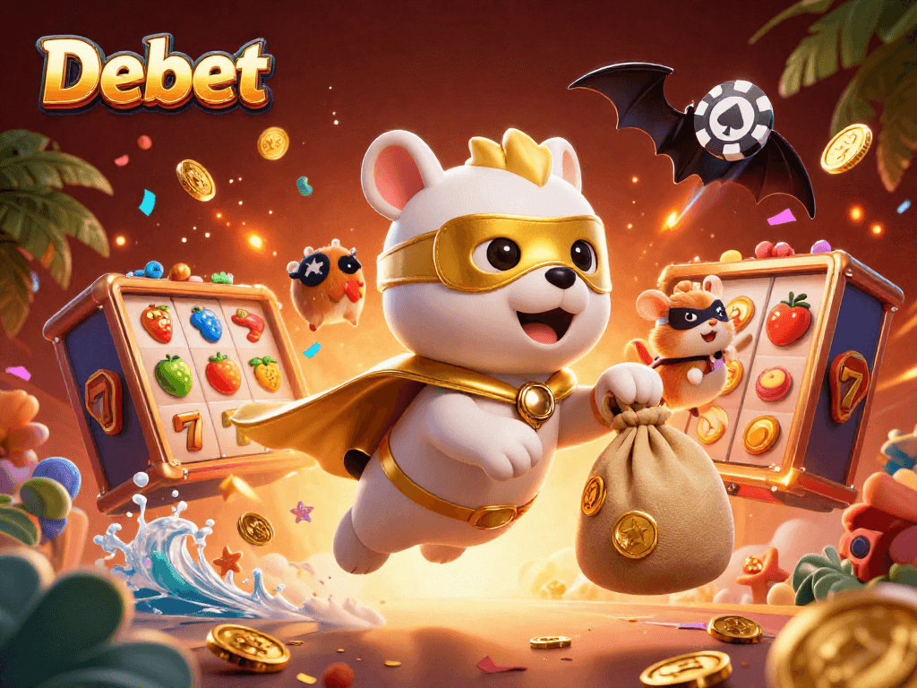 Experience a thrilling casino adventure with Debet as a superhero dog and hamster fly amidst golden coins and vibrant slot machines.