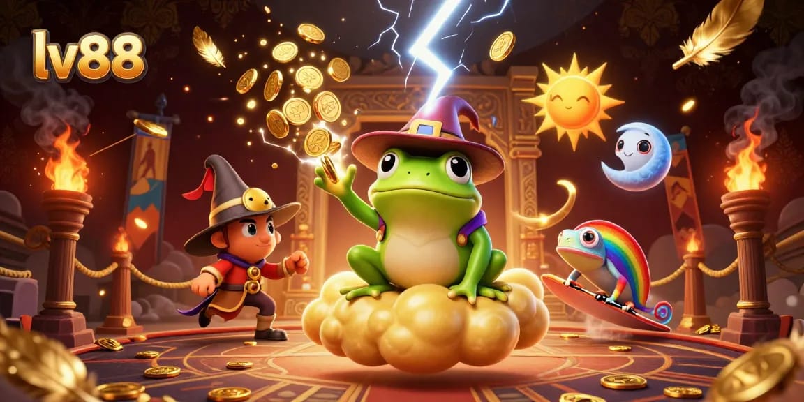Experience the thrill of lv88 with a vibrant casino-themed illustration showcasing playful characters amidst coins and magical elements.