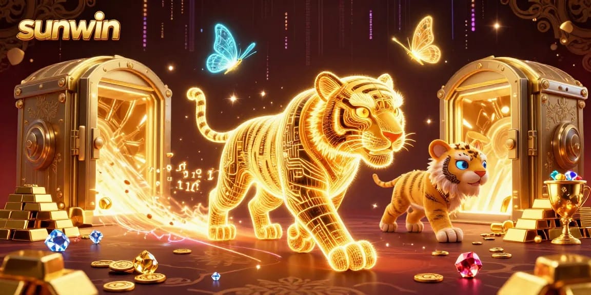 Experience the thrilling world of sunwin as a golden tiger prowls a vibrant casino landscape, surrounded by treasures.