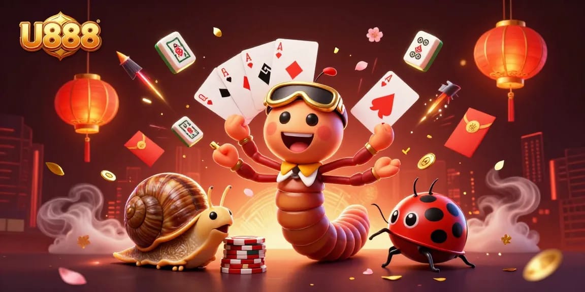 U888 dealer with animated characters interacting during a vibrant gaming scene featuring festive elements and casino flair
