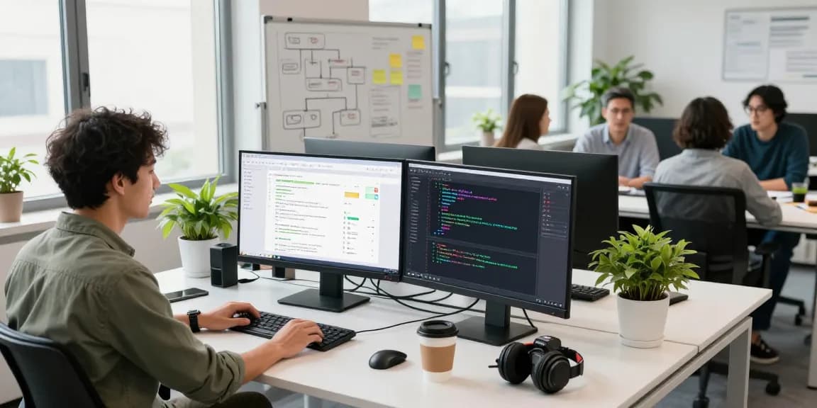Build internal tools with AI in a modern collaborative workspace featuring multiple monitors and team brainstorming.