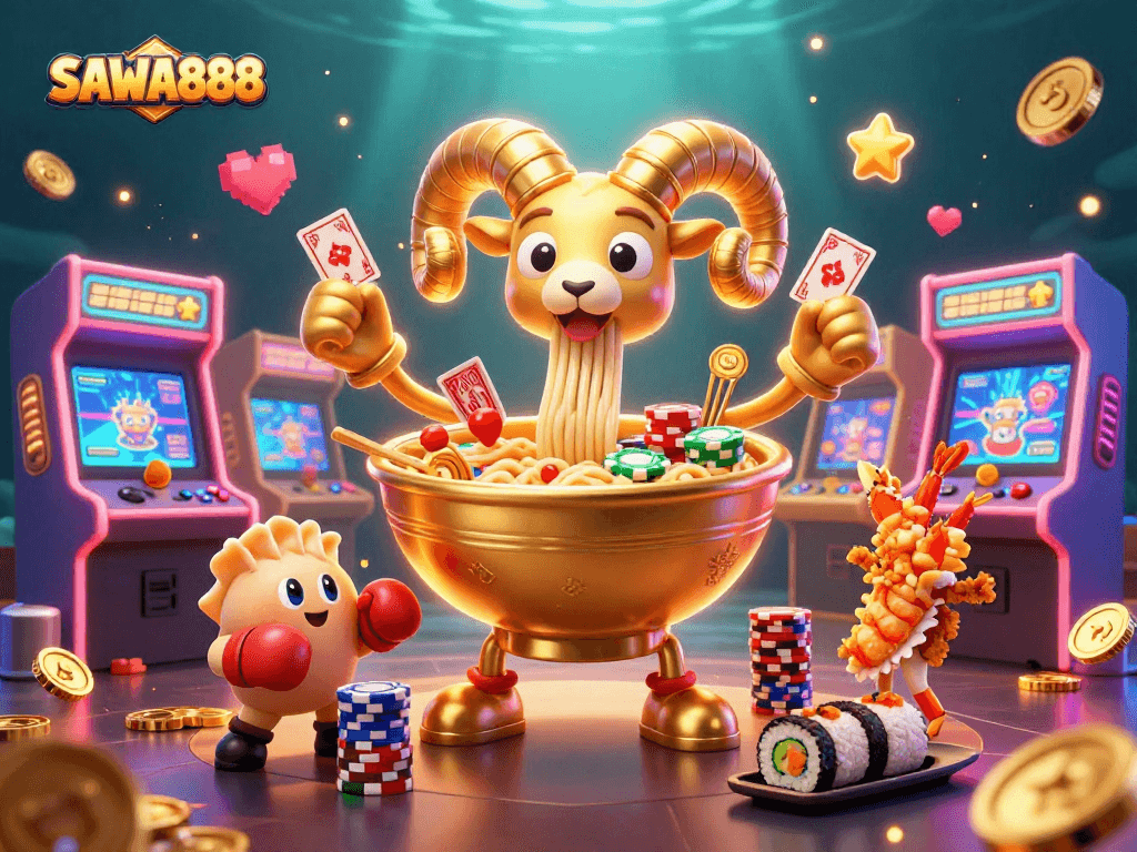 Experience the excitement of SAWA888 as characters engage in colorful casino-themed activities, promoting user-friendly gambling.