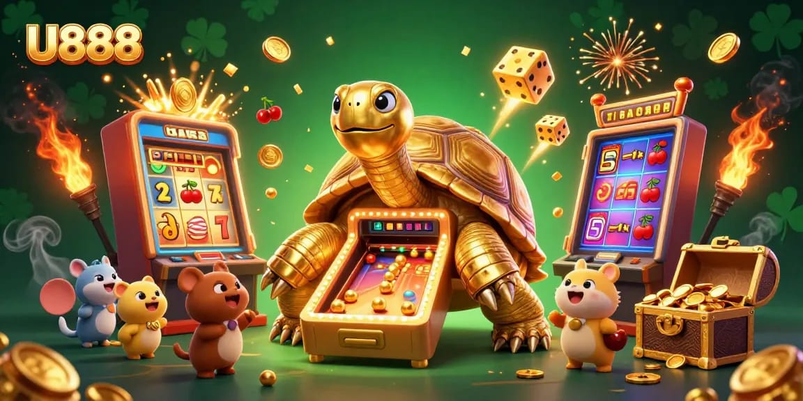 Experience thrilling gameplay at U888 with a giant golden tortoise pinball casino scene filled with excitement.
