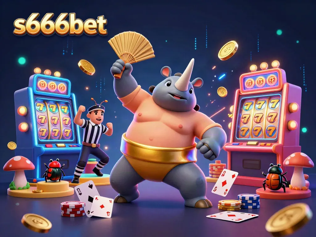S666bet showcases a vibrant scene of a sumo beetle champion amidst flying coins and slot machines.