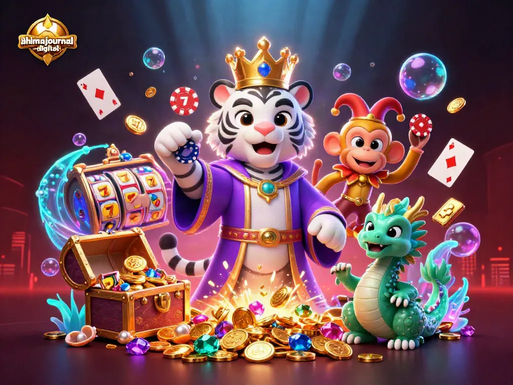 Engage in thrilling gameplay at ahimajournal-digital with a lively scene showcasing vibrant slot machines and playful characters.