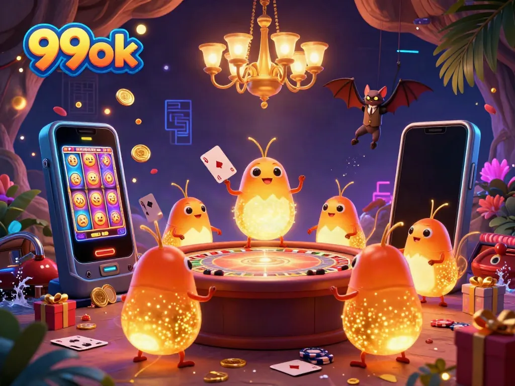 Experience the excitement of 99ok's vibrant cave casino with glowworms lighting the scene.