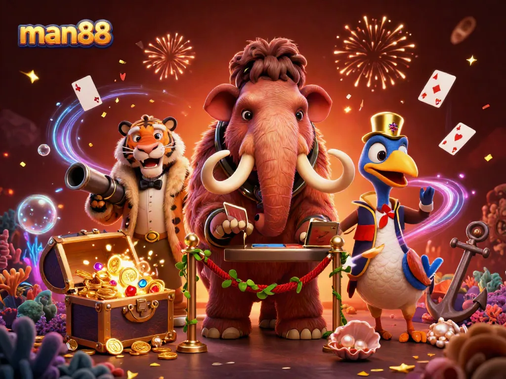 Experience man88's vibrant gaming atmosphere with the woolly mammoth bouncer and VIP guests in a dynamic casino scene.