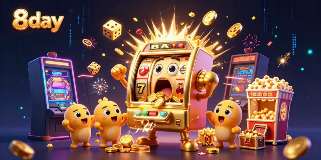 Celebrate the win with 8day as the golden slot machine hits the jackpot amidst coins and festive elements.