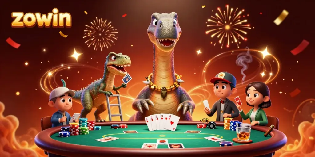 Zowin features a colossal brontosaurus observing a poker game, creating a whimsical casino experience.