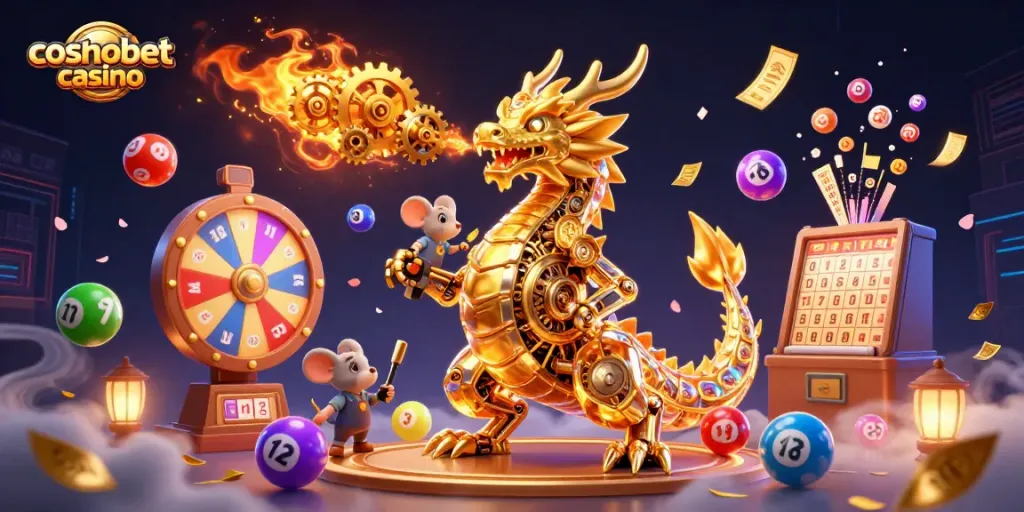 Experience thrilling gameplay at cosmobet casino with a 3D illustration showcasing dynamic lottery games and vibrant prizes.