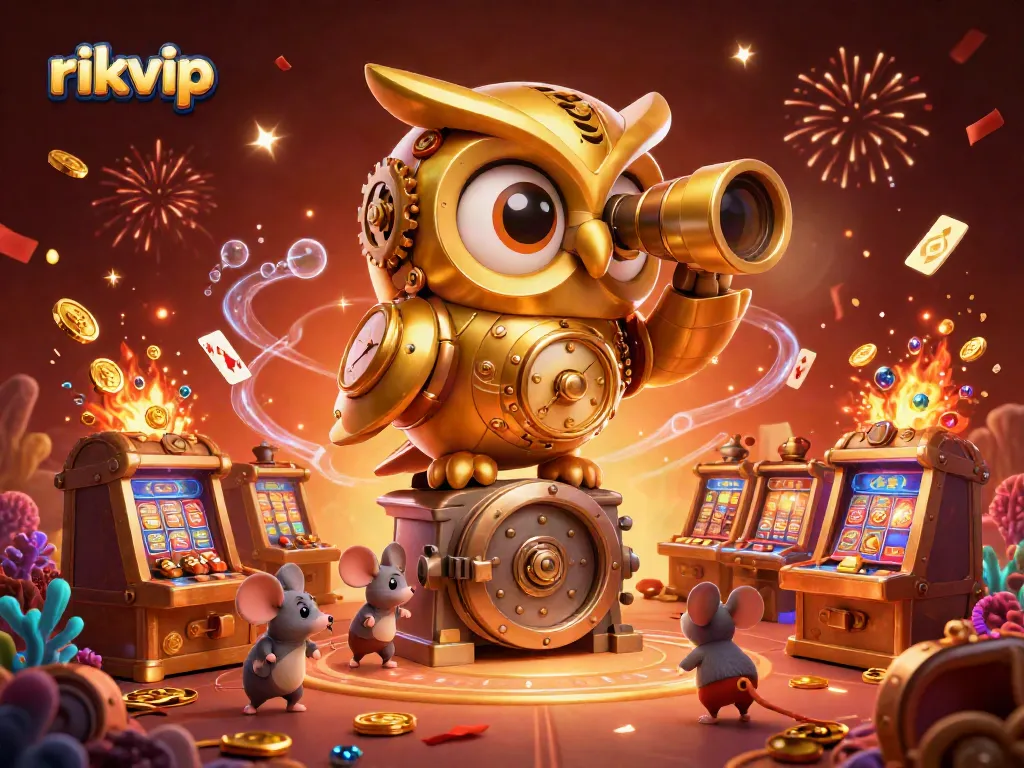Engage with rikvip's vibrant casino scene featuring an owl and mouse amid treasure and games.