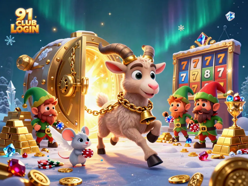 Experience the excitement of 91 CLUB LOGIN in a festive casino setting with Krampus and playful characters.