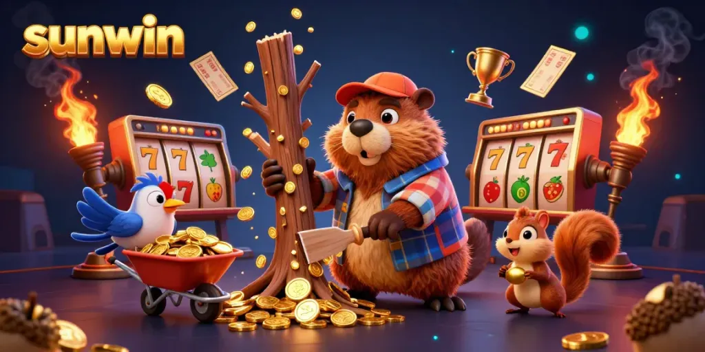 sunwin entertains with a lively casino scene featuring animated characters interacting with jackpot-winning elements.