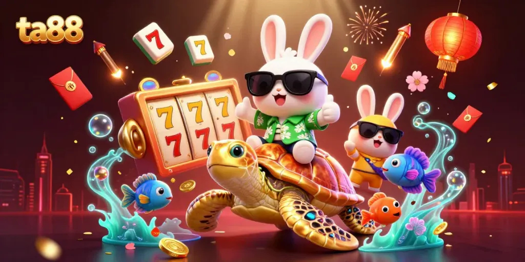 Experience thrilling moments at ta88 with a cartoon rabbit celebrating casino wins surrounded by vibrant gaming icons.