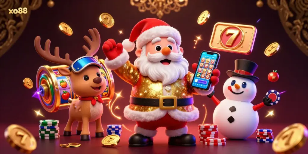 Experience the excitement of xo88 with Santa and friends in a lively casino scene filled with slots and jackpots.