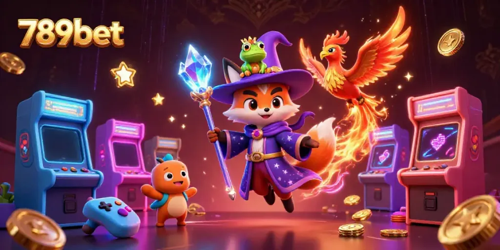 Experience the excitement of 789bet with a mystical wizard fox and phoenix amidst colorful casino elements.