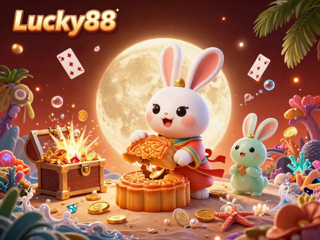 Experience Lucky88 with a vibrant scene of a moon rabbit character, poker elements, and treasure in a dynamic casino-themed setting.
