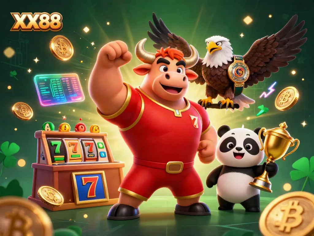 Experience thrilling slots with XX88 in an energetic casino scene featuring a bull mascot and eagle.
