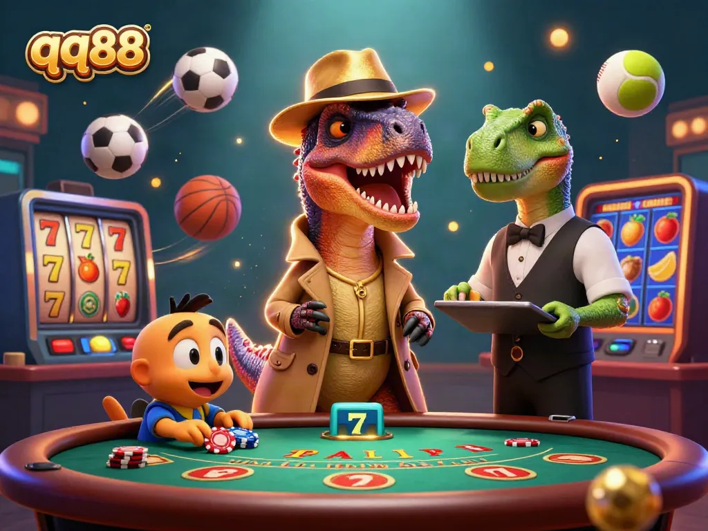 Experience the thrilling world of qq88 with an entertaining scene featuring a velociraptor card counter and stegosaurus pit boss in a vibrant casino setting.