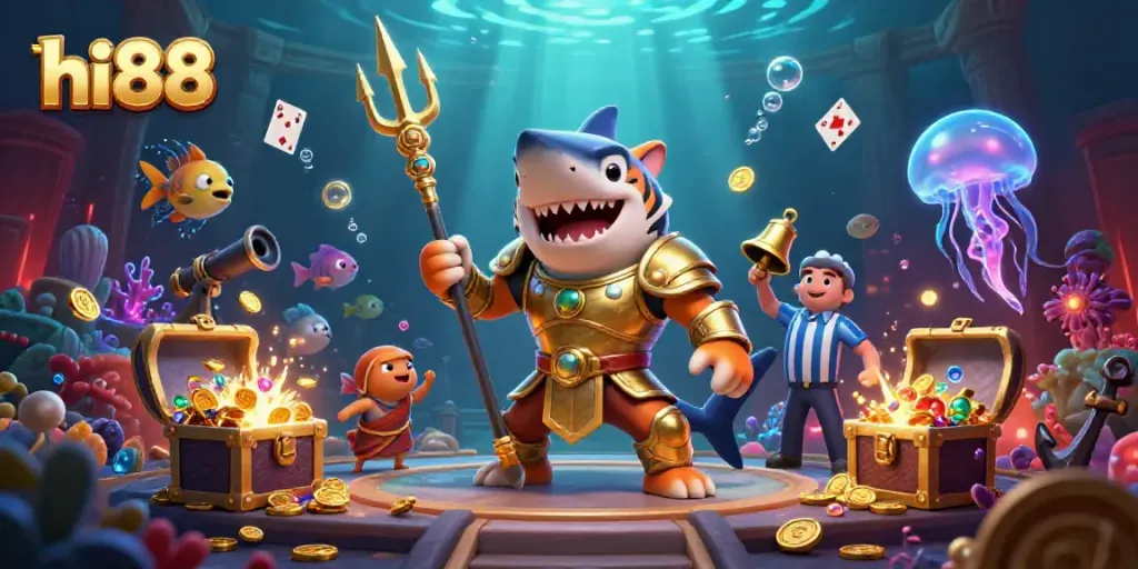 Experience the excitement of hi88 with a dynamic underwater casino scene featuring a fierce tiger shark and vibrant treasures.