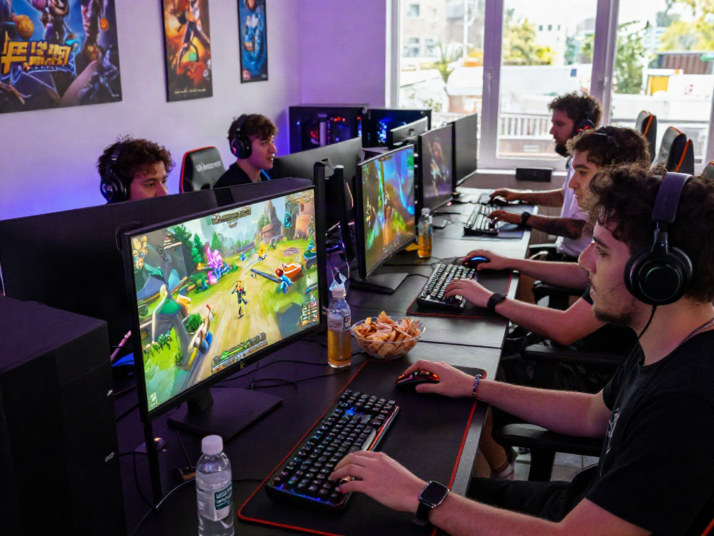 Friends engaged in thrilling porn games online with vibrant gameplay and gaming gear.