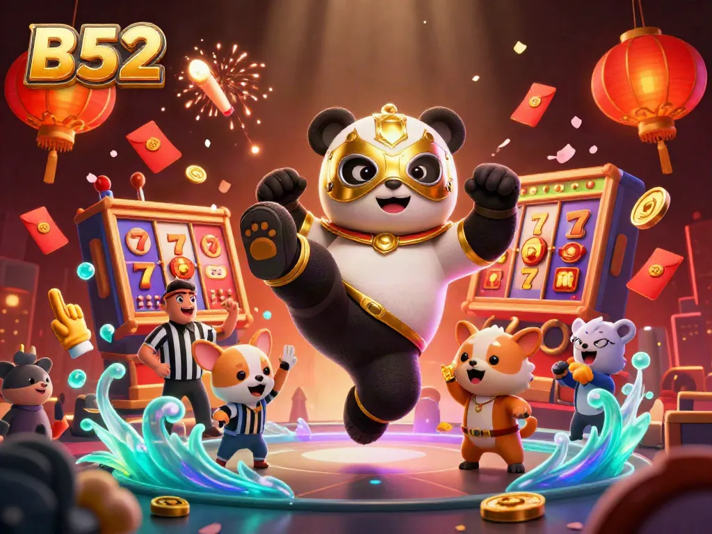B52 platform showcases a professional wrestler panda in a lifting kick surrounded by a crowd, slot elements, and festive decorations.