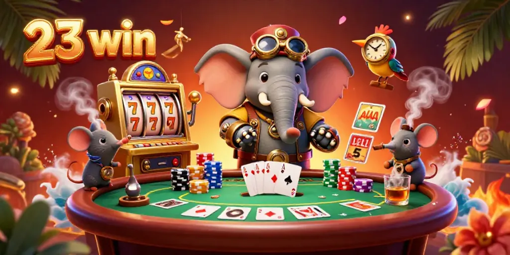 Spin the golden slot machine with 23 win, amidst colorful poker chips and lively casino elements.