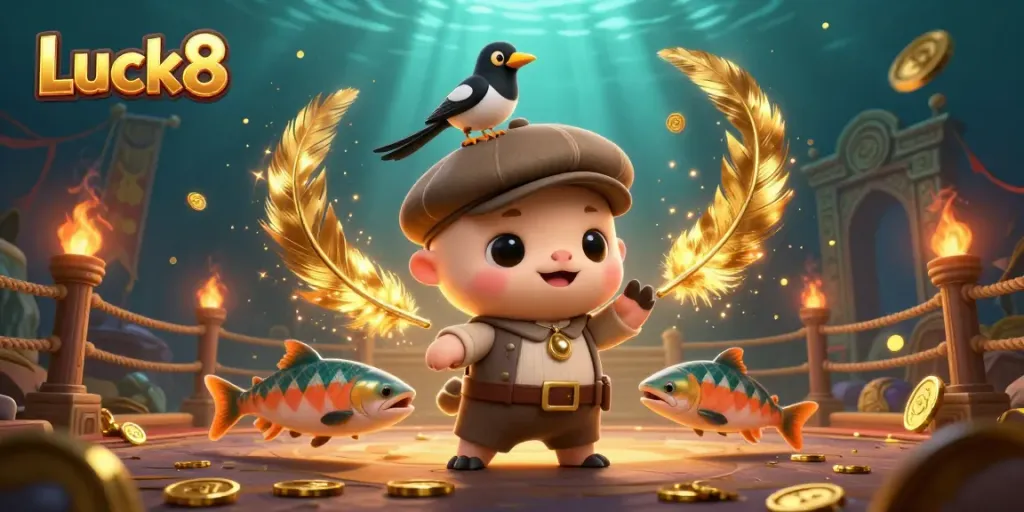 Engage in thrilling gaming battles with characters from Luck8 amid a vibrant casino backdrop.