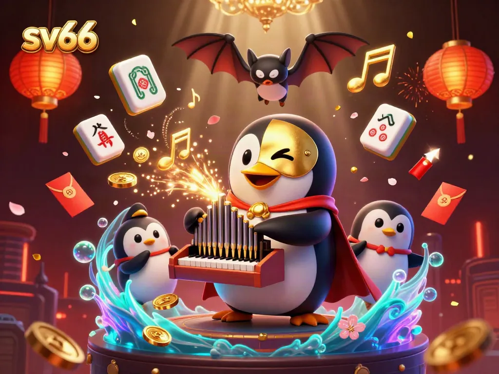 Engage in thrilling gameplay with sv66's captivating 3D casino illustration of a penguin organist and a bat acrobat.
