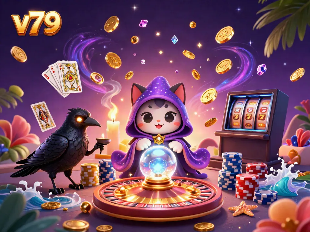 Discover the enchanting v79 casino world with a mystic cat, raven, and captivating game elements.