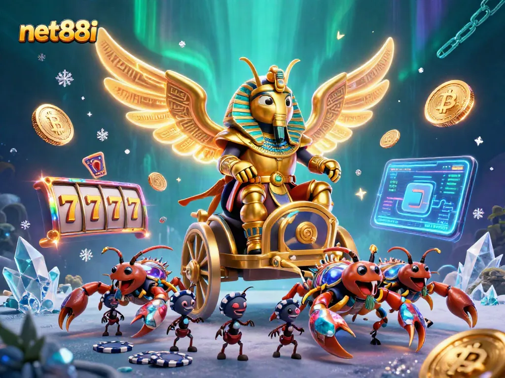 Bet on thrilling games with net88i, featuring a colossal golden scarab beetle in a vibrant casino world.