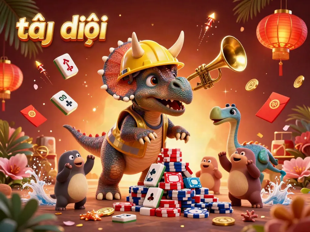 Celebrate the game at tại đây with animated dino characters crafting poker chip pyramids in a vibrant casino scene.