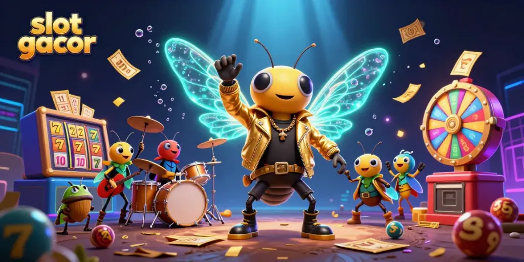 Engaging scene with a cicada rock star, showcasing slot gacor features with vibrant elements and dynamic energy.