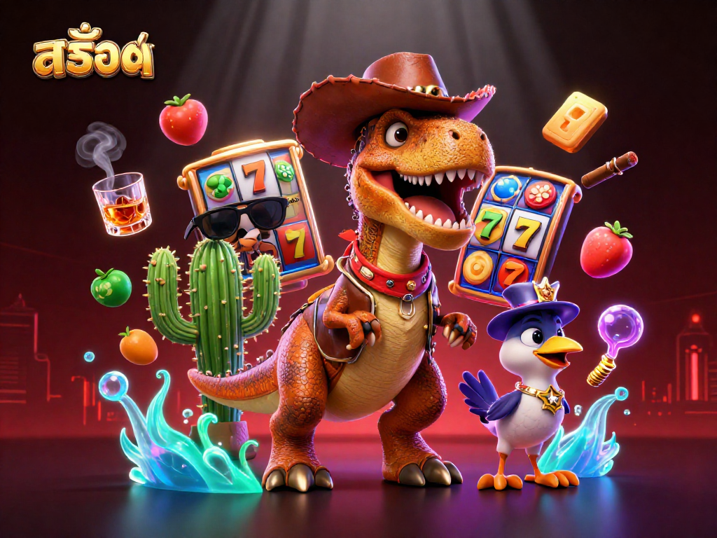 Experience the excitement of สล็อต with a thrilling 3D cartoon scene featuring a T-Rex, cactus, and roadrunner.