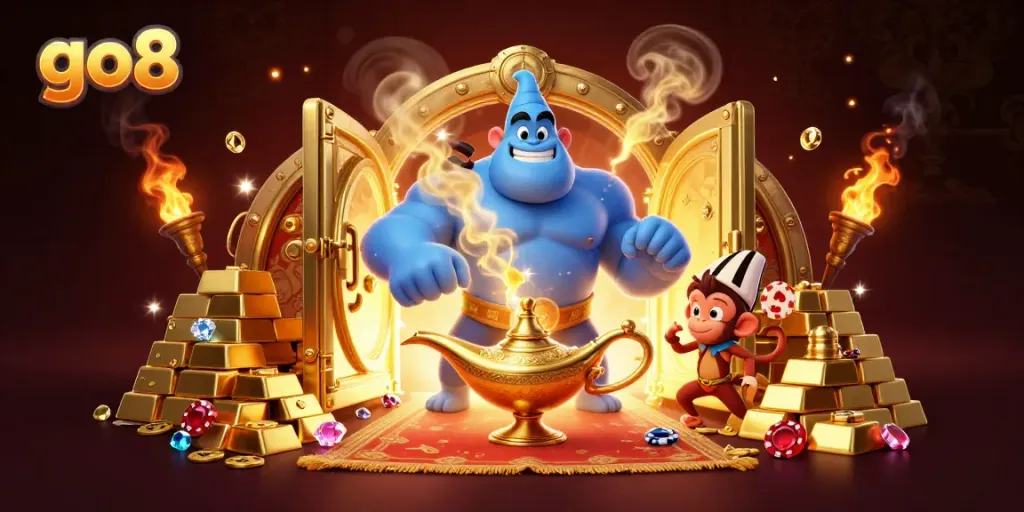 Engage in thrilling gameplay with go8 as genies, treasures, and poker chips converge in a magical casino scene.