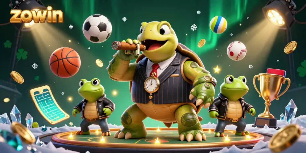 Zowin casino illustration with a snapping turtle and bullfrog characters showcasing dynamic sports betting elements.