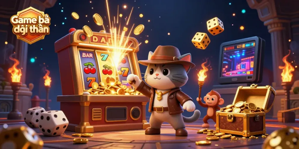 Experience Game bài đổi thưởng with thrilling casino adventures featuring a cat explorer and monkey companion.