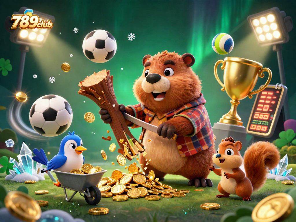 Engage with thrilling action at 789club, where a beaver gathers gold coins in a lively casino scene.