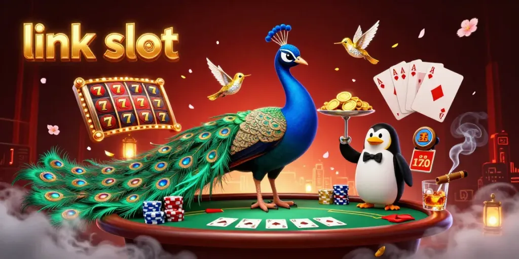 Engage with link slot excitement through a dynamic casino scene filled with vibrant colors and characters.
