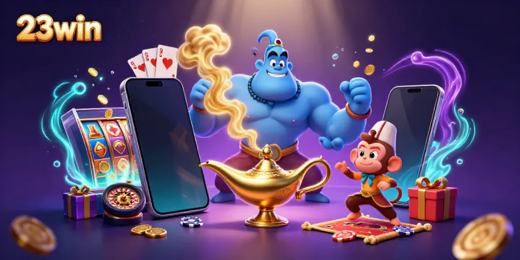 Experience excitement at 23win with a vibrant 3D casino scene full of colorful game elements.