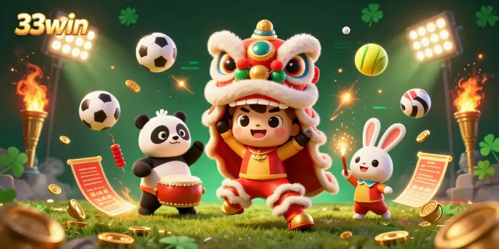33win celebrates gaming excitement with a lively lion dance, vibrant sports balls, and festive elements.