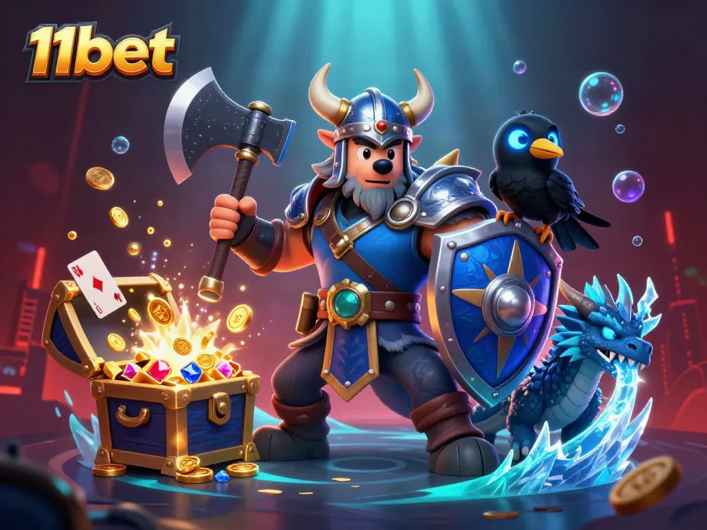 Experience thrilling action with 11bet featuring a Viking warrior, dragon, and raven amidst a vibrant treasure scene.